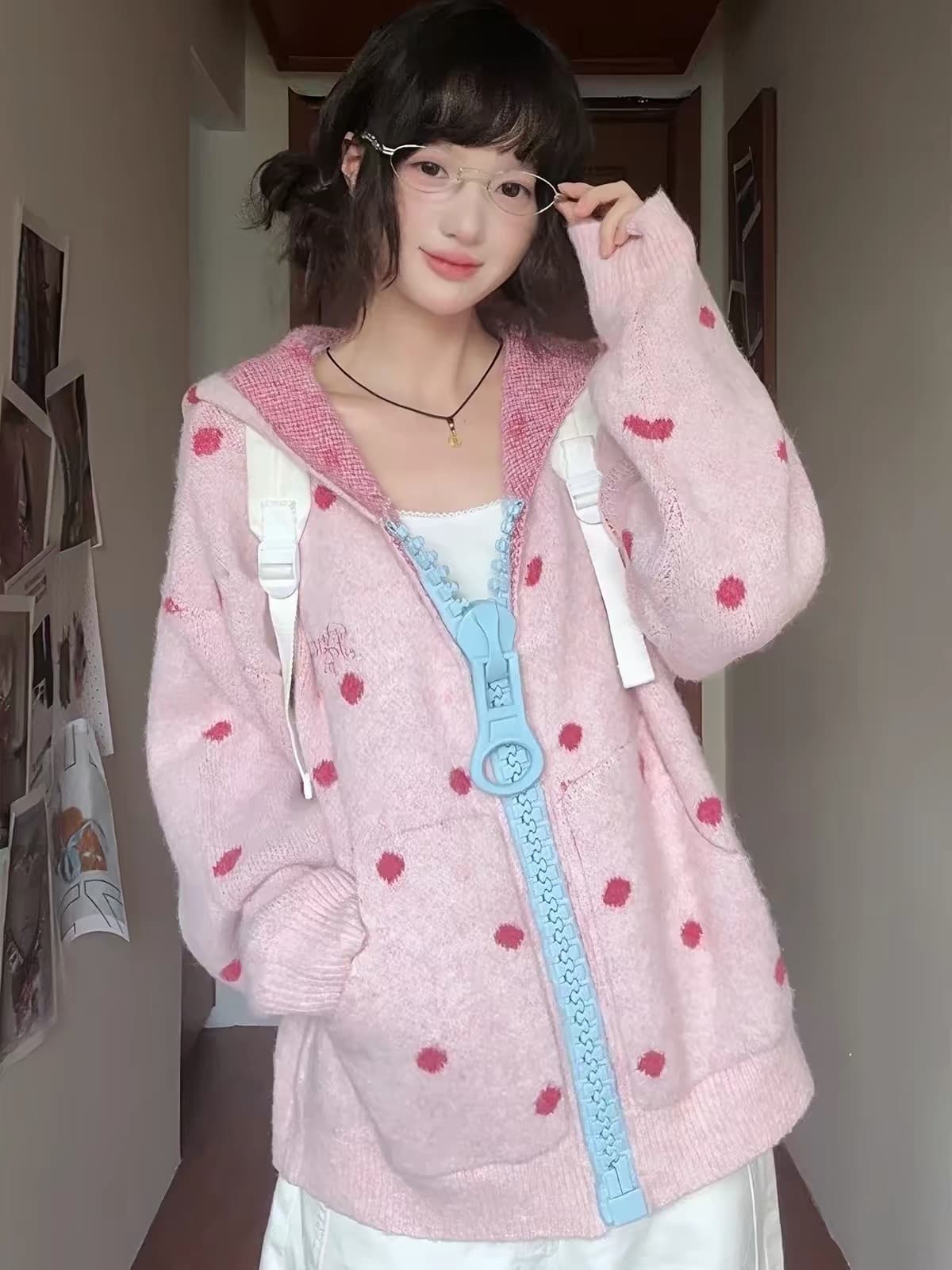 아메리칸 레트로 도트 무늬 대 지퍼 니트 스웨터 후드티 여성 가을 루즈핏 느긋한 한 부서 학원 카디건 코트 이미지 4