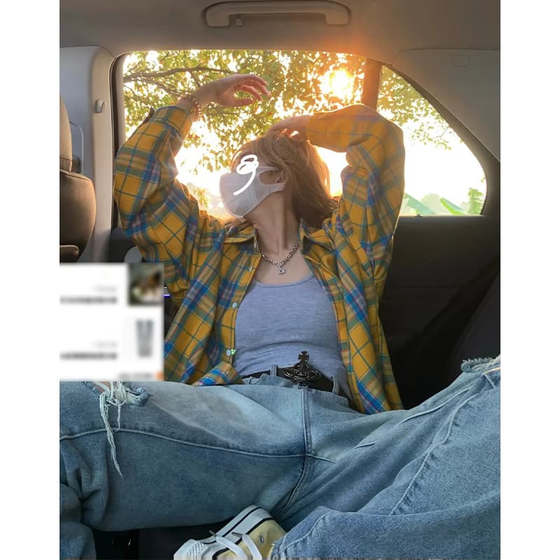 necoyep2026 봄 가을 아메리칸 레트로 체크무늬 황색 셔츠 긴팔 남녀 얇은 스타일 루즈핏 재킷 맨위 이미지 3