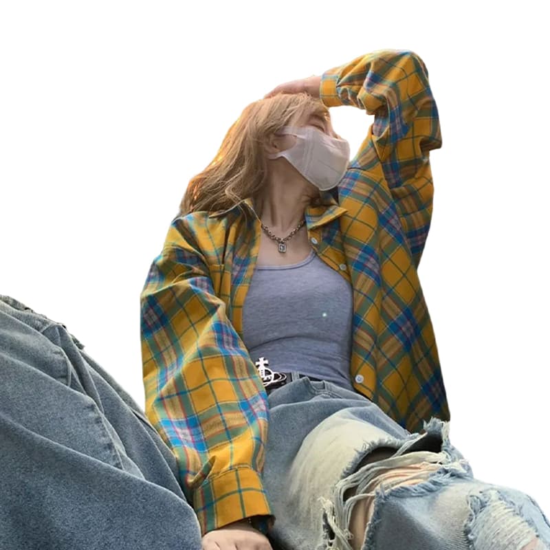 necoyep2026 봄 가을 아메리칸 레트로 체크무늬 황색 셔츠 긴팔 남녀 얇은 스타일 루즈핏 재킷 맨위 이미지 5