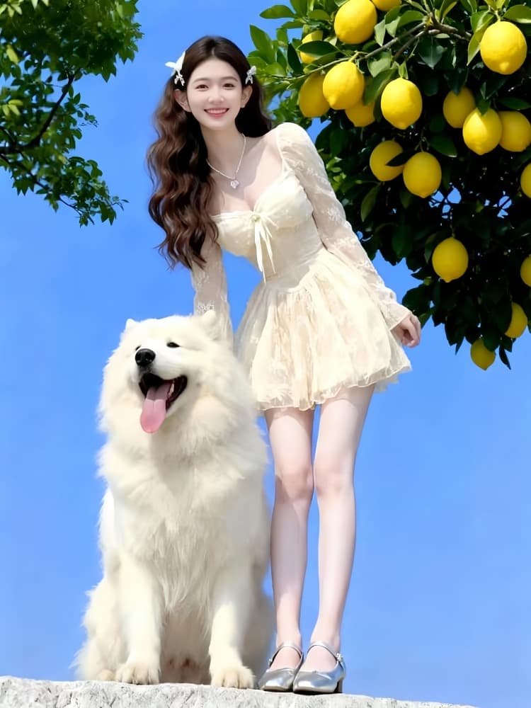 프랑스식 부드러운 바람 자이언트 잘 생긴 허리 수축 슬림해 보이는 레이스 치마 청 순수한 시스템 乖離 자매 착용 가져 가라. 드레스 이미지 3
