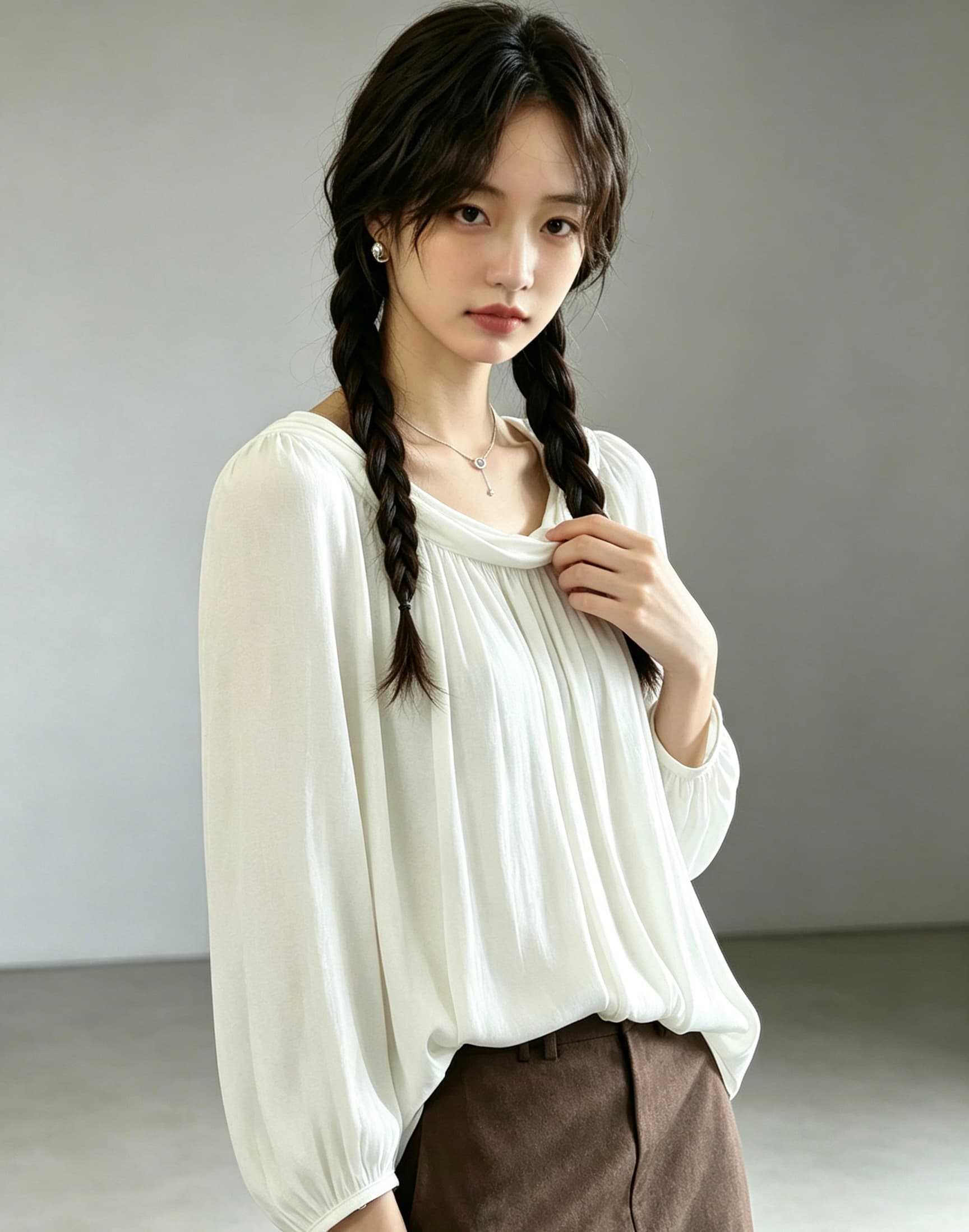 프랑스식 품격 양성 및 음성 둘 착용 루즈핏 도루 센스 슬림해 보이는 레이스업 블라우스 맨위 여성 상세 이미지 12