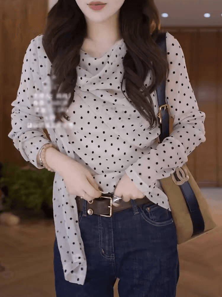 프랑스식 품격 비스듬한 칼라 도트 무늬 리본 긴팔 여성 셔츠 가을 새로운 고유 한 디자인 센스 슬림해 보이는 작은 셔츠 맨위 이미지 4