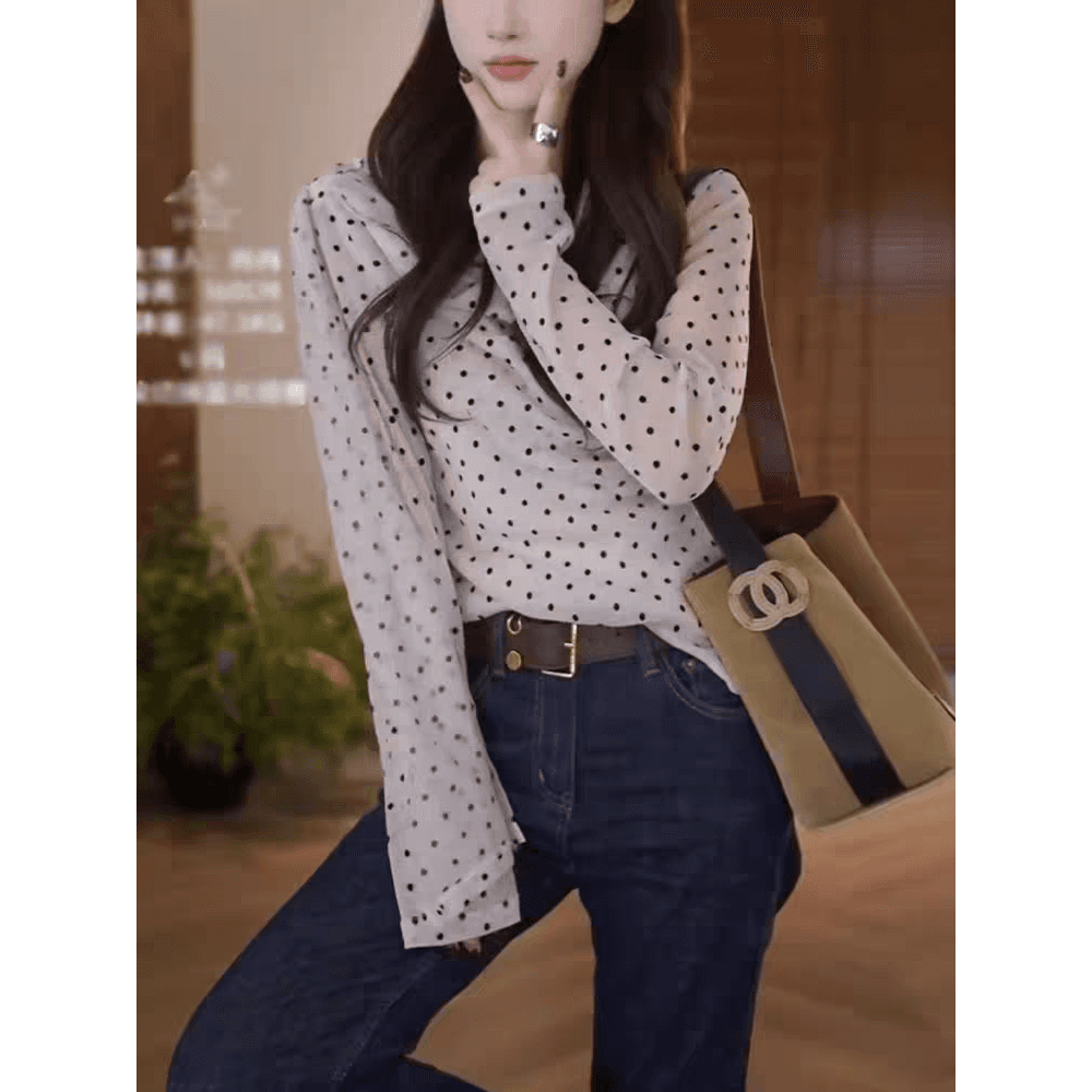 프랑스식 품격 비스듬한 칼라 도트 무늬 리본 긴팔 여성 셔츠 가을 새로운 고유 한 디자인 센스 슬림해 보이는 작은 셔츠 맨위 이미지 3