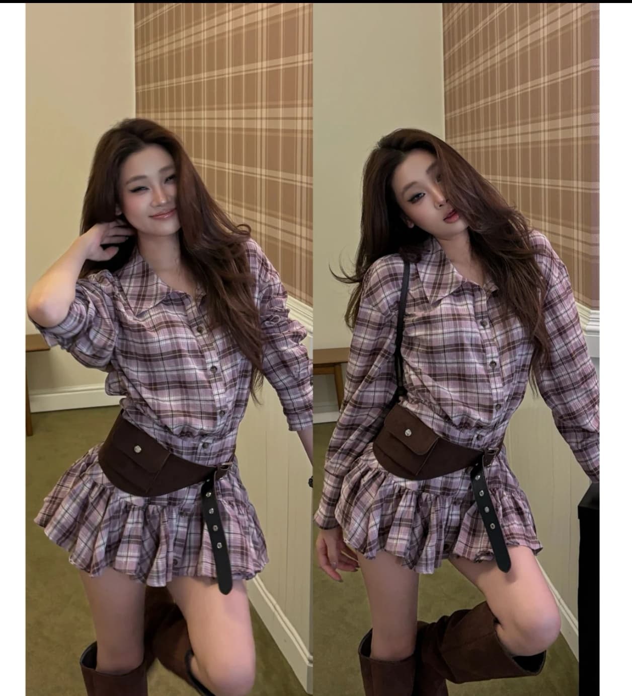yyuanzi 체크무늬 치마 품격 허리 수축 대 치마 긴팔 셔츠 드레스 선물 안전 바지 이미지 3