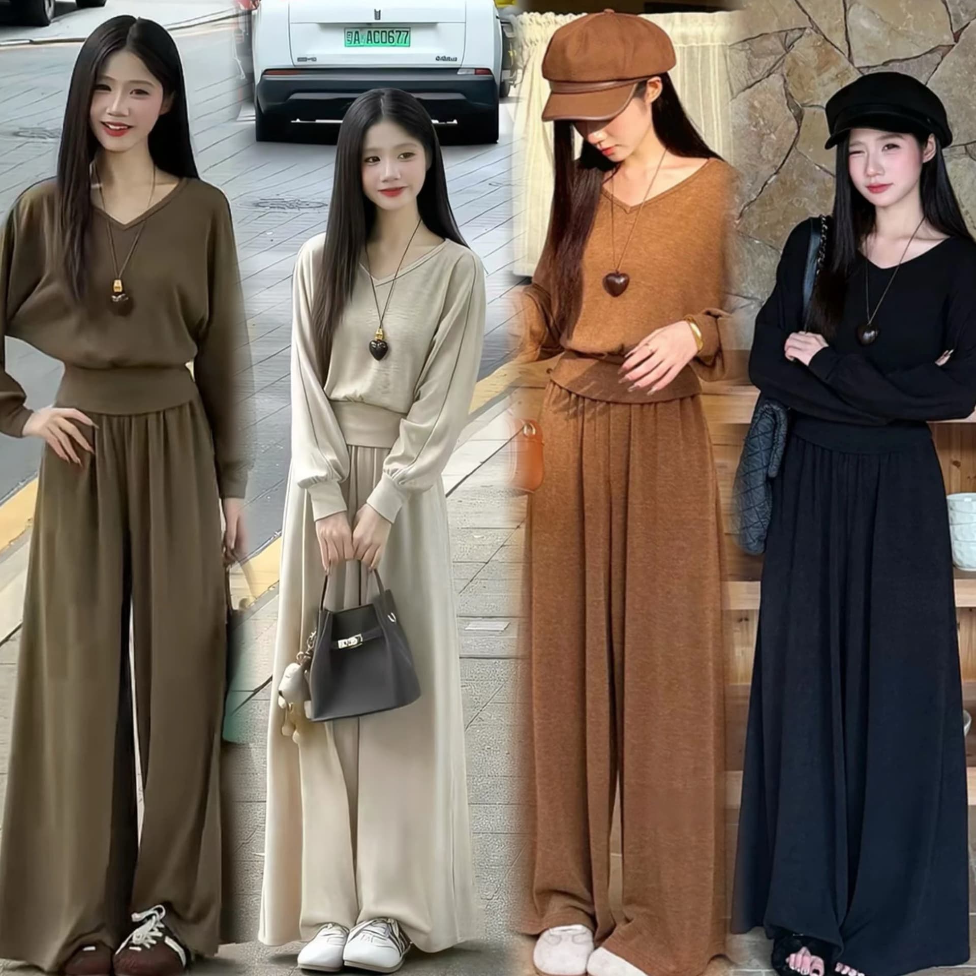 까이 까이 부드러운 품격 바람 작은 키 가을 캐주얼 슬림해 보이는 V넥 맨위 디스플레이 높음 넓은 다리 길이 바지 투피스 세트 상세 이미지 1