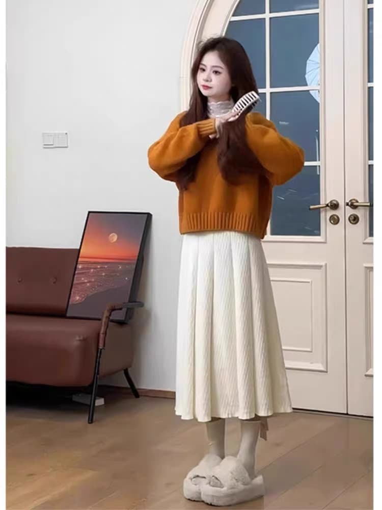 가을 의상 코디 전체 집합 올해 패션 품격 주황색 긴팔 니트 스웨터 스웨터 반신 치마 세트 여성 이미지 3