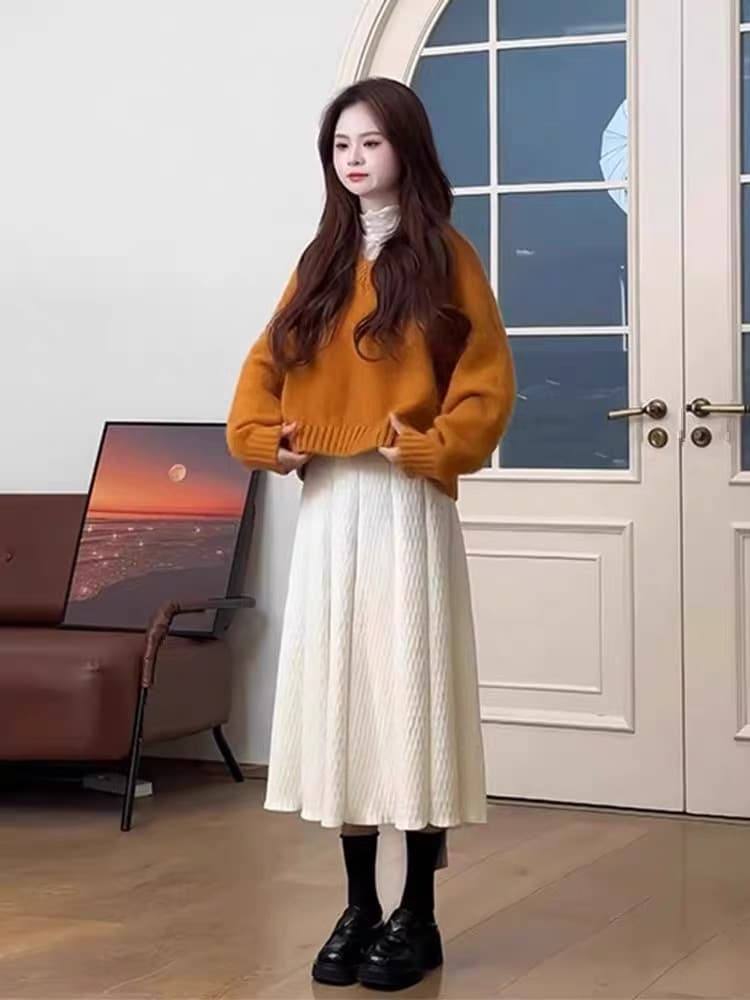 가을 의상 코디 전체 집합 올해 패션 품격 주황색 긴팔 니트 스웨터 스웨터 반신 치마 세트 여성 상세 이미지 1