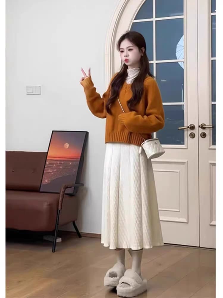 가을 의상 코디 전체 집합 올해 패션 품격 주황색 긴팔 니트 스웨터 스웨터 반신 치마 세트 여성 상세 이미지 2
