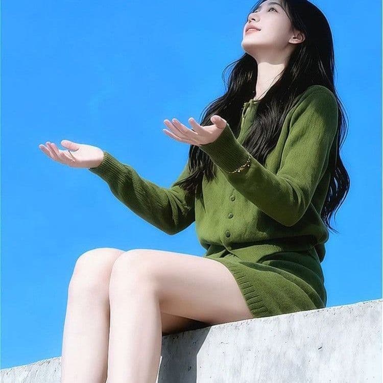 한국 스타일 고급 센스 녹색 니트 오픈 가디건 여성 여성 2026 새로운 긴팔 슬림해 보이는 맨위 여성 타이트 스커트 투피스 세트 상세 이미지 7