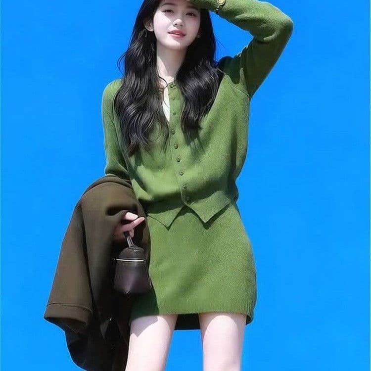 한국 스타일 고급 센스 녹색 니트 오픈 가디건 여성 여성 2026 새로운 긴팔 슬림해 보이는 맨위 여성 타이트 스커트 투피스 세트 상세 이미지 9