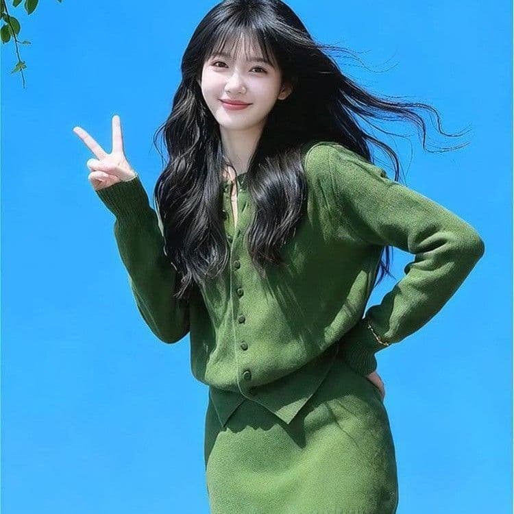 한국 스타일 고급 센스 녹색 니트 오픈 가디건 여성 여성 2026 새로운 긴팔 슬림해 보이는 맨위 여성 타이트 스커트 투피스 세트 상세 이미지 10