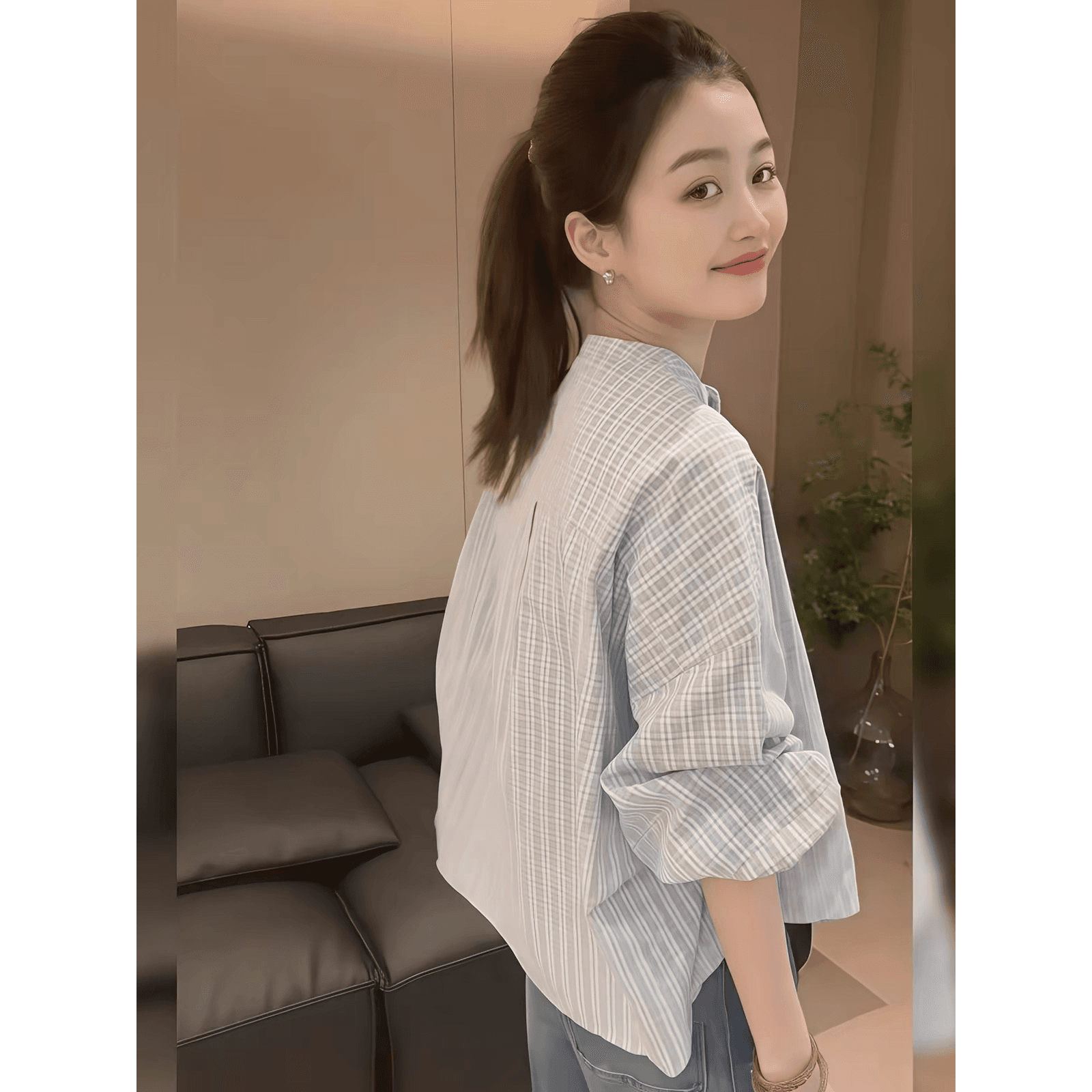 스탠드 칼라 체크무늬 긴팔 여성 셔츠 2026 새로운 봄 가을 인사이드 가져 가라. 만나는 라운드 넥 셔츠 오픈 가디건 여성 면 린넨 맨위 이미지 5