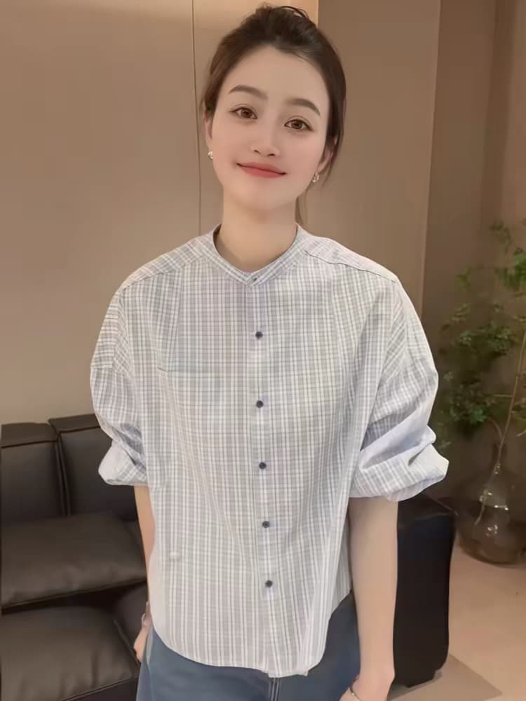 스탠드 칼라 체크무늬 긴팔 여성 셔츠 2026 새로운 봄 가을 인사이드 가져 가라. 만나는 라운드 넥 셔츠 오픈 가디건 여성 면 린넨 맨위