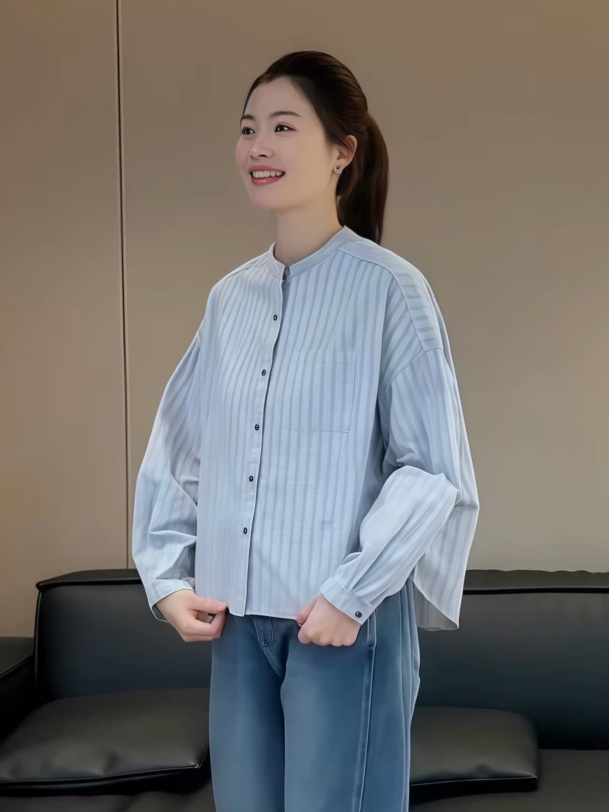 스탠드 칼라 체크무늬 긴팔 여성 셔츠 2026 새로운 봄 가을 인사이드 가져 가라. 만나는 라운드 넥 셔츠 오픈 가디건 여성 면 린넨 맨위 이미지 2