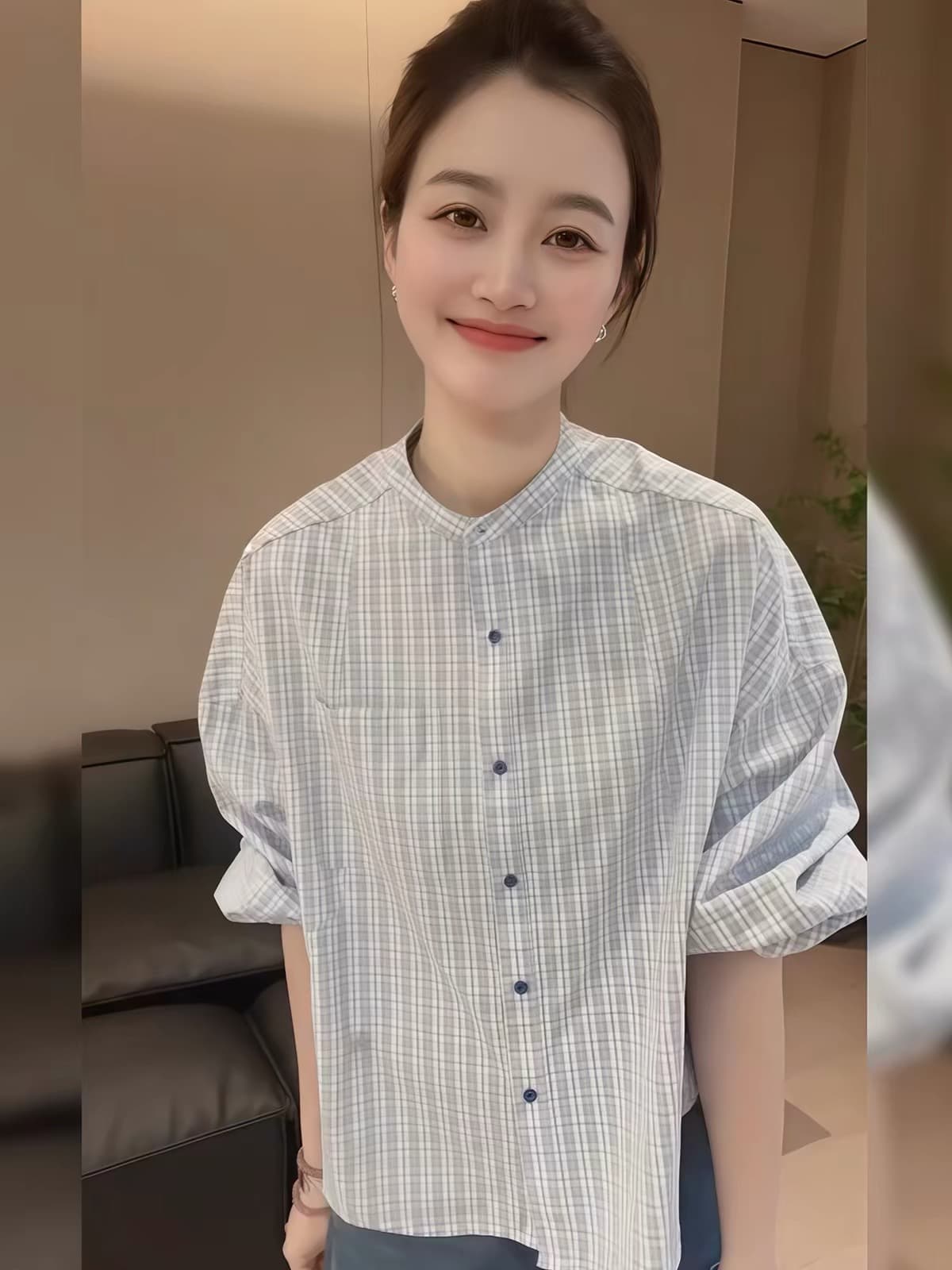 스탠드 칼라 체크무늬 긴팔 여성 셔츠 2026 새로운 봄 가을 인사이드 가져 가라. 만나는 라운드 넥 셔츠 오픈 가디건 여성 면 린넨 맨위 상세 이미지 2
