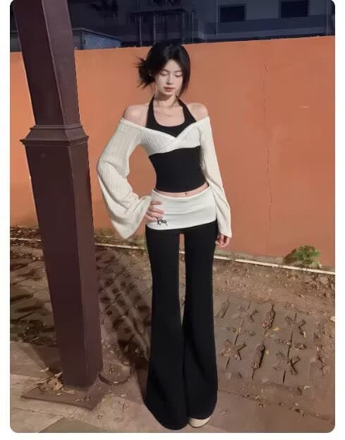 순수한 욕망 바람 페이크 레이어드 행침 목 오프숄더 긴팔 맨위 여성 봄 새로운 하이웨이스트 몸매 가꾸기 슬림해 보이는 캐주얼 바지 세트