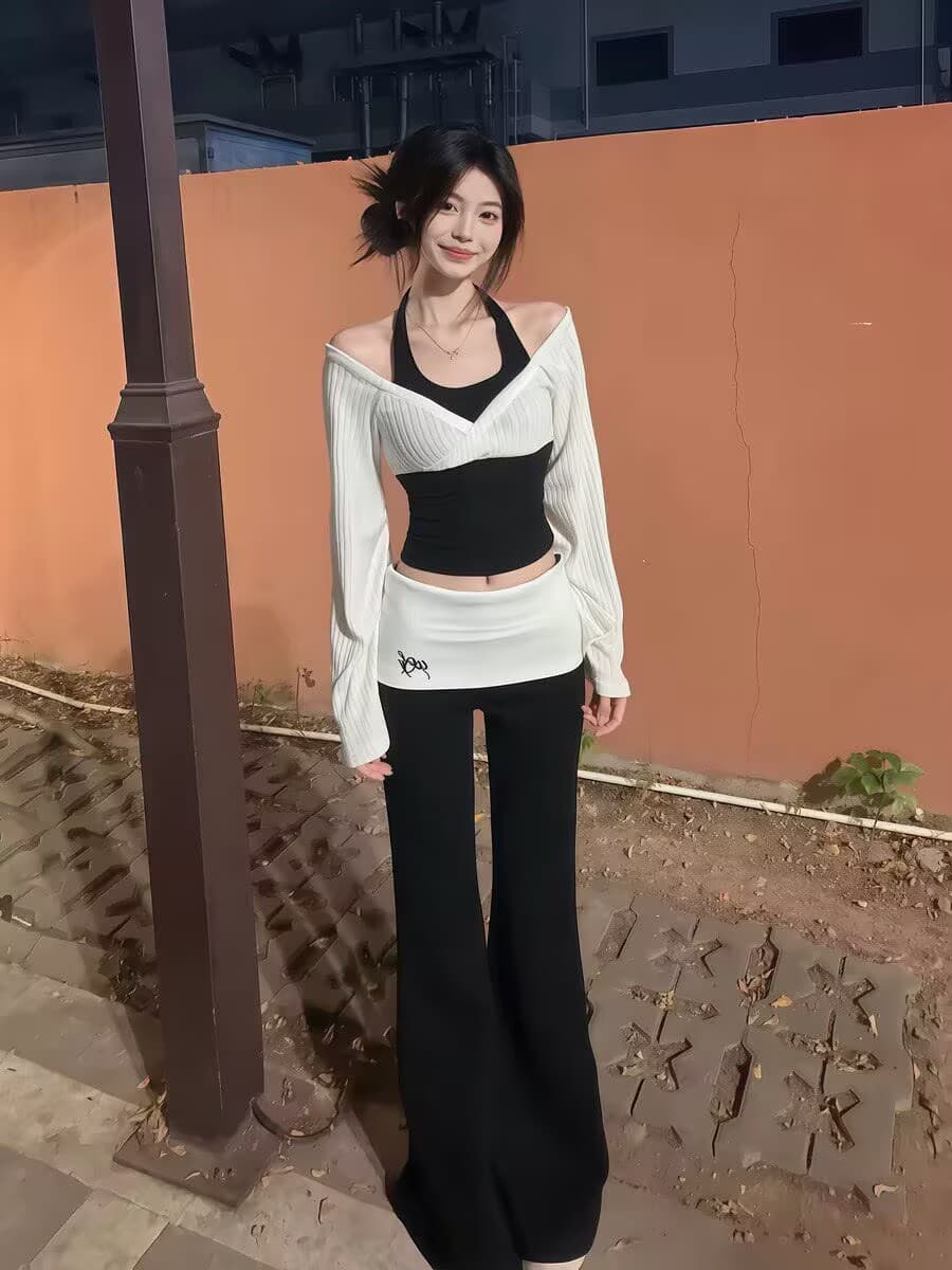 순수한 욕망 바람 페이크 레이어드 행침 목 오프숄더 긴팔 맨위 여성 봄 새로운 하이웨이스트 몸매 가꾸기 슬림해 보이는 캐주얼 바지 세트 이미지 3