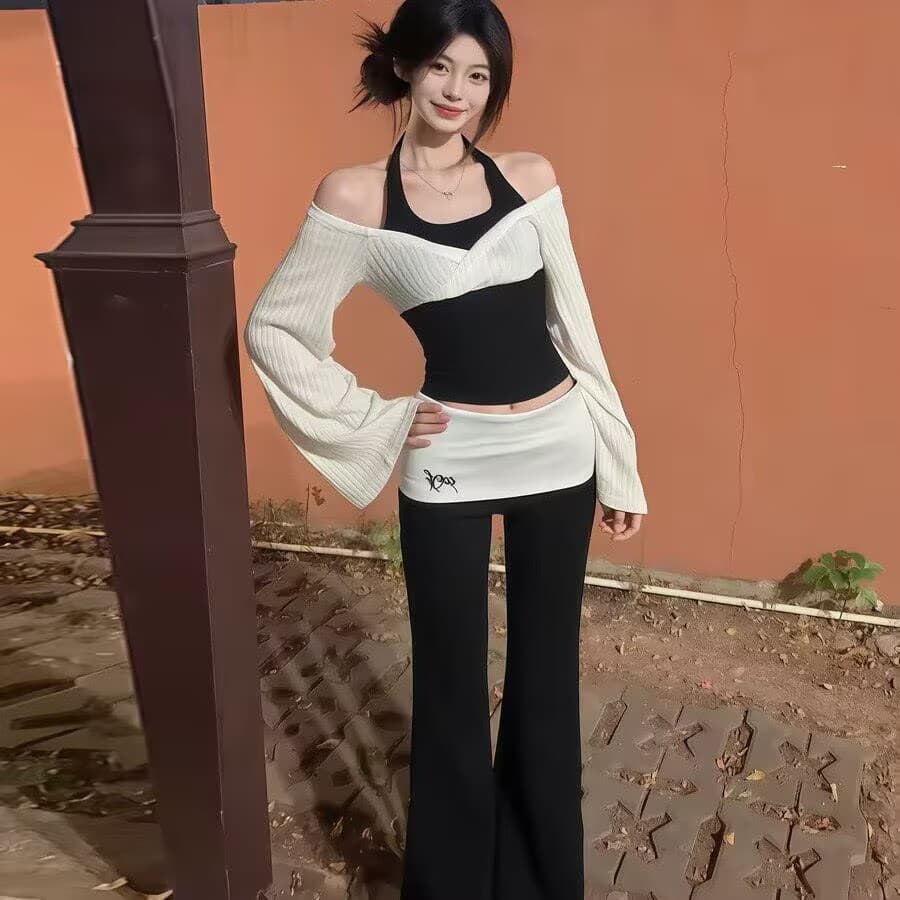 순수한 욕망 바람 페이크 레이어드 행침 목 오프숄더 긴팔 맨위 여성 봄 새로운 하이웨이스트 몸매 가꾸기 슬림해 보이는 캐주얼 바지 세트 이미지 5