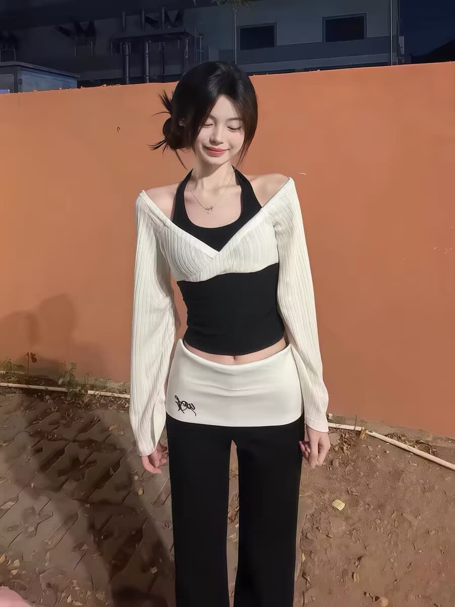 순수한 욕망 바람 페이크 레이어드 행침 목 오프숄더 긴팔 맨위 여성 봄 새로운 하이웨이스트 몸매 가꾸기 슬림해 보이는 캐주얼 바지 세트 상세 이미지 2