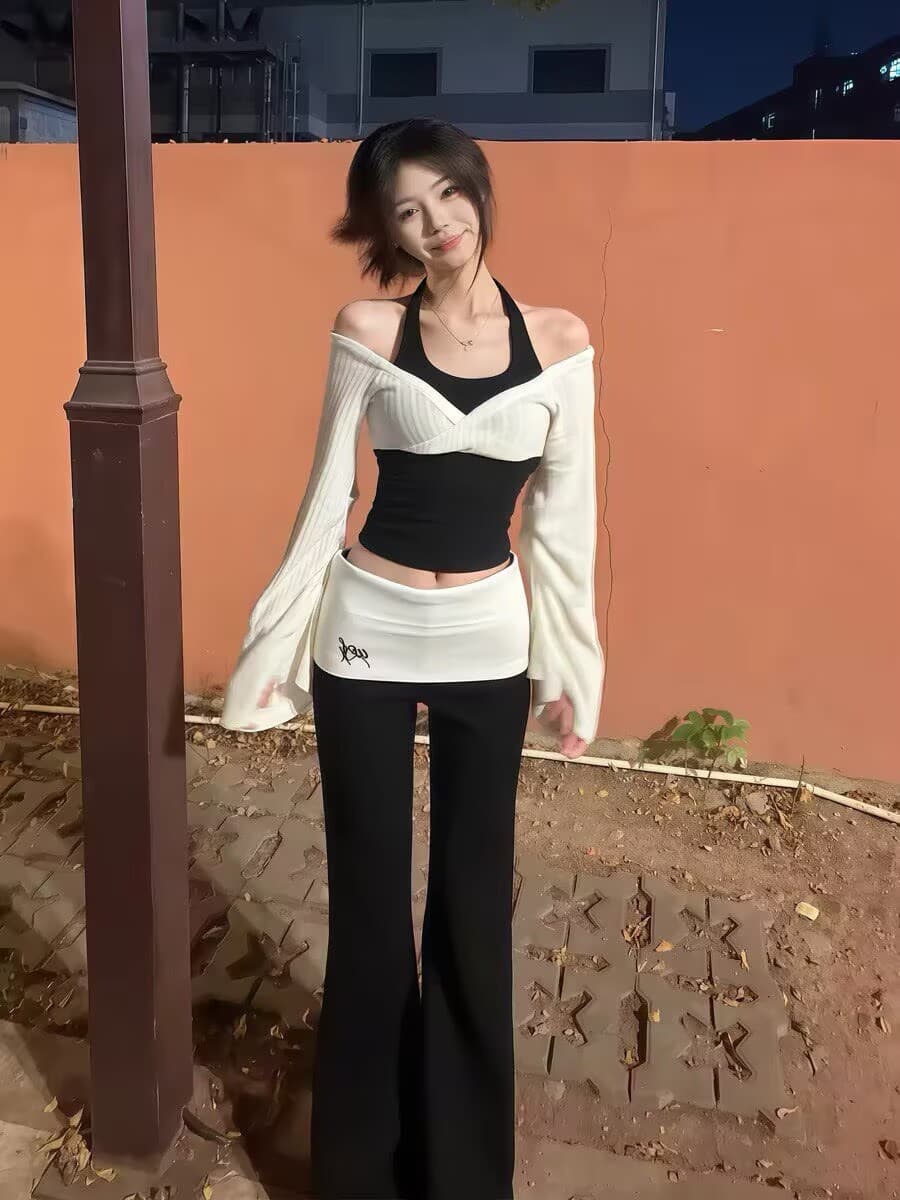 순수한 욕망 바람 페이크 레이어드 행침 목 오프숄더 긴팔 맨위 여성 봄 새로운 하이웨이스트 몸매 가꾸기 슬림해 보이는 캐주얼 바지 세트 상세 이미지 4