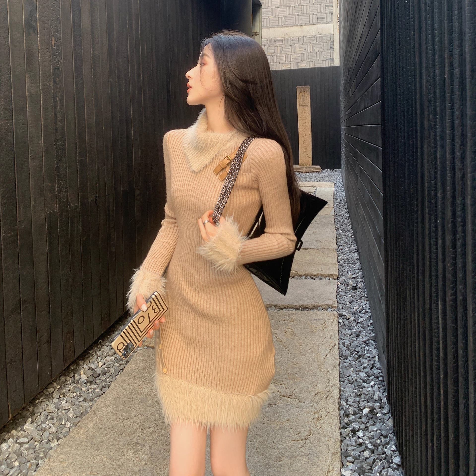 한국 품격 명문 여성 홍콩 스타일 작은 샤넬 스타일 니트 패치워크 모피 칼라 드레스 작은 키 고급 센스 타이트 스커트 미니 스커트 이미지 3