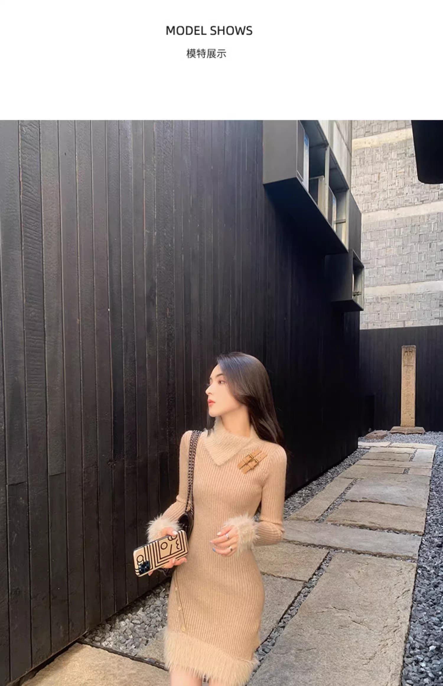 한국 품격 명문 여성 홍콩 스타일 작은 샤넬 스타일 니트 패치워크 모피 칼라 드레스 작은 키 고급 센스 타이트 스커트 미니 스커트 상세 이미지 2