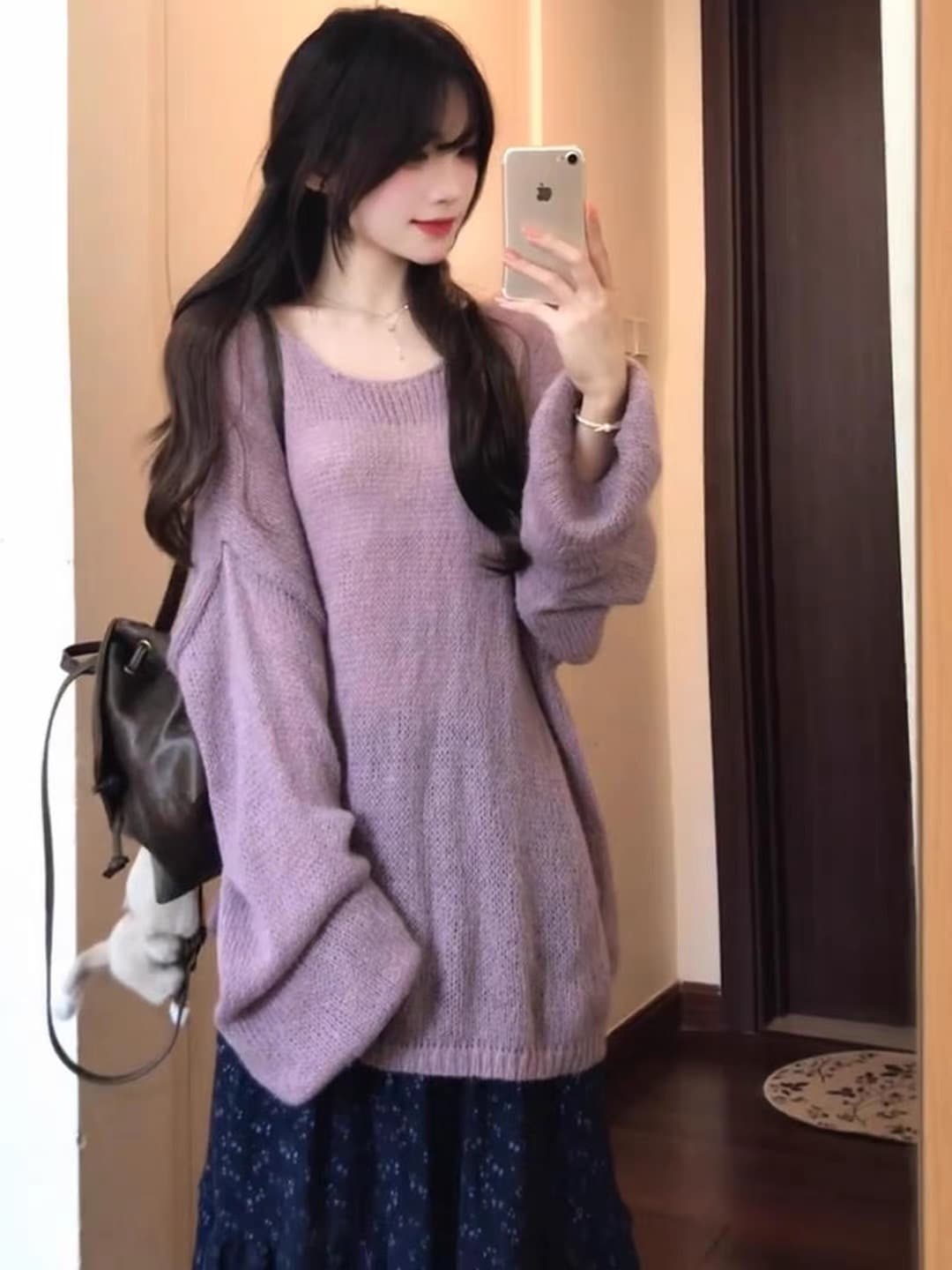 달콤함 부드러운 바람 빛 요리 한 가을 착용 가져 가라. 전체 집합 ootd 루즈핏 보라색 맨위 꽃무늬 치마 투피스 슈트 이미지 3