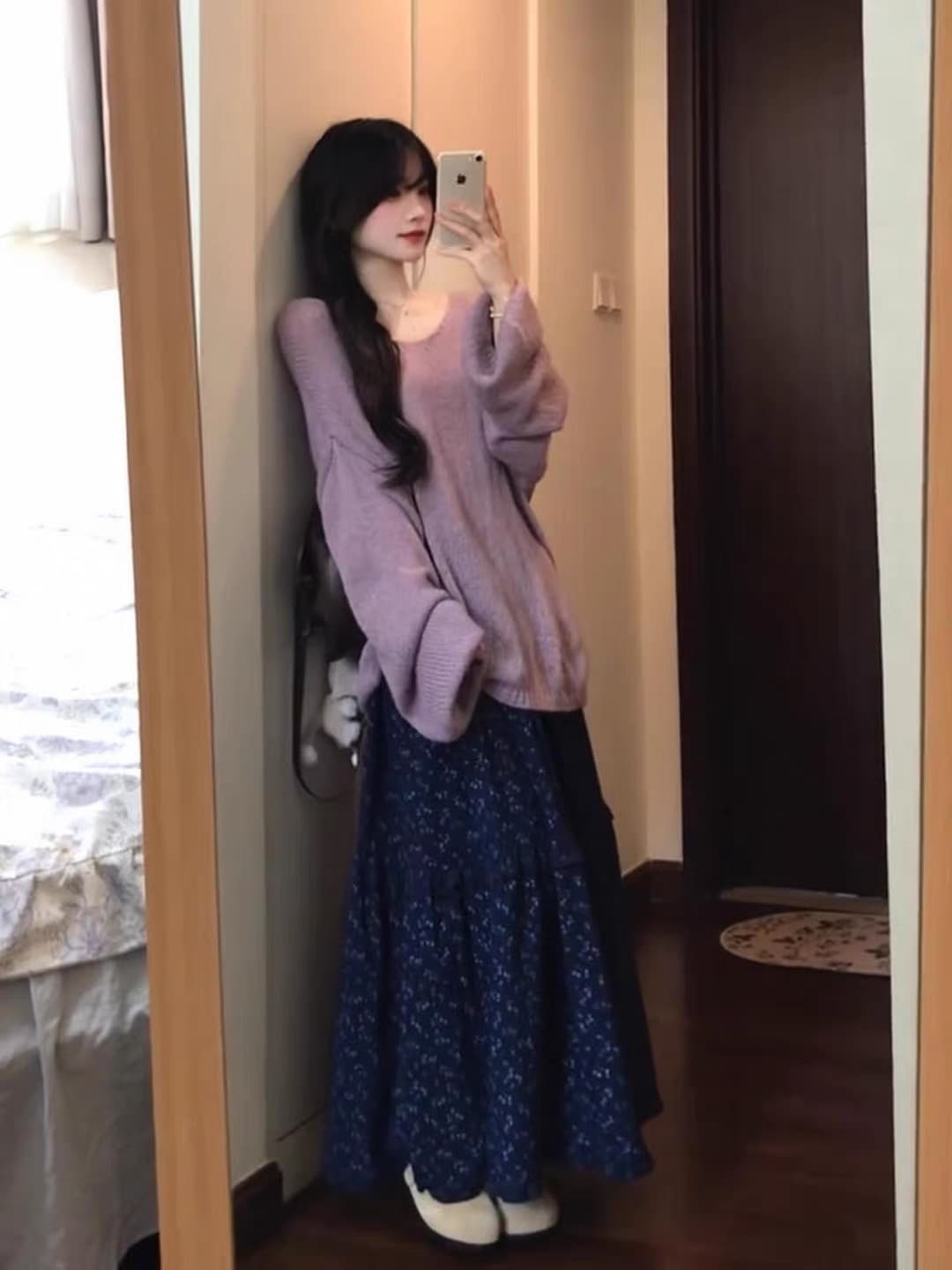 달콤함 부드러운 바람 빛 요리 한 가을 착용 가져 가라. 전체 집합 ootd 루즈핏 보라색 맨위 꽃무늬 치마 투피스 슈트 상세 이미지 1