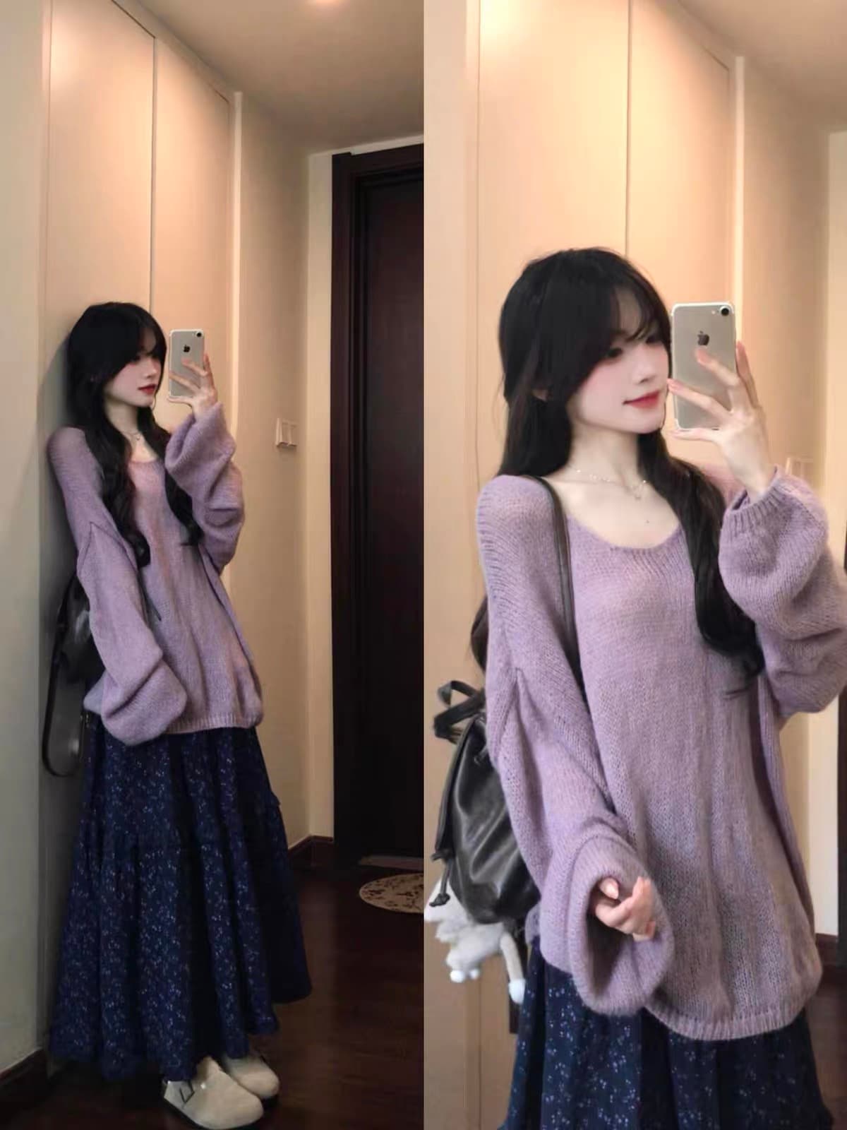 달콤함 부드러운 바람 빛 요리 한 가을 착용 가져 가라. 전체 집합 ootd 루즈핏 보라색 맨위 꽃무늬 치마 투피스 슈트 상세 이미지 2
