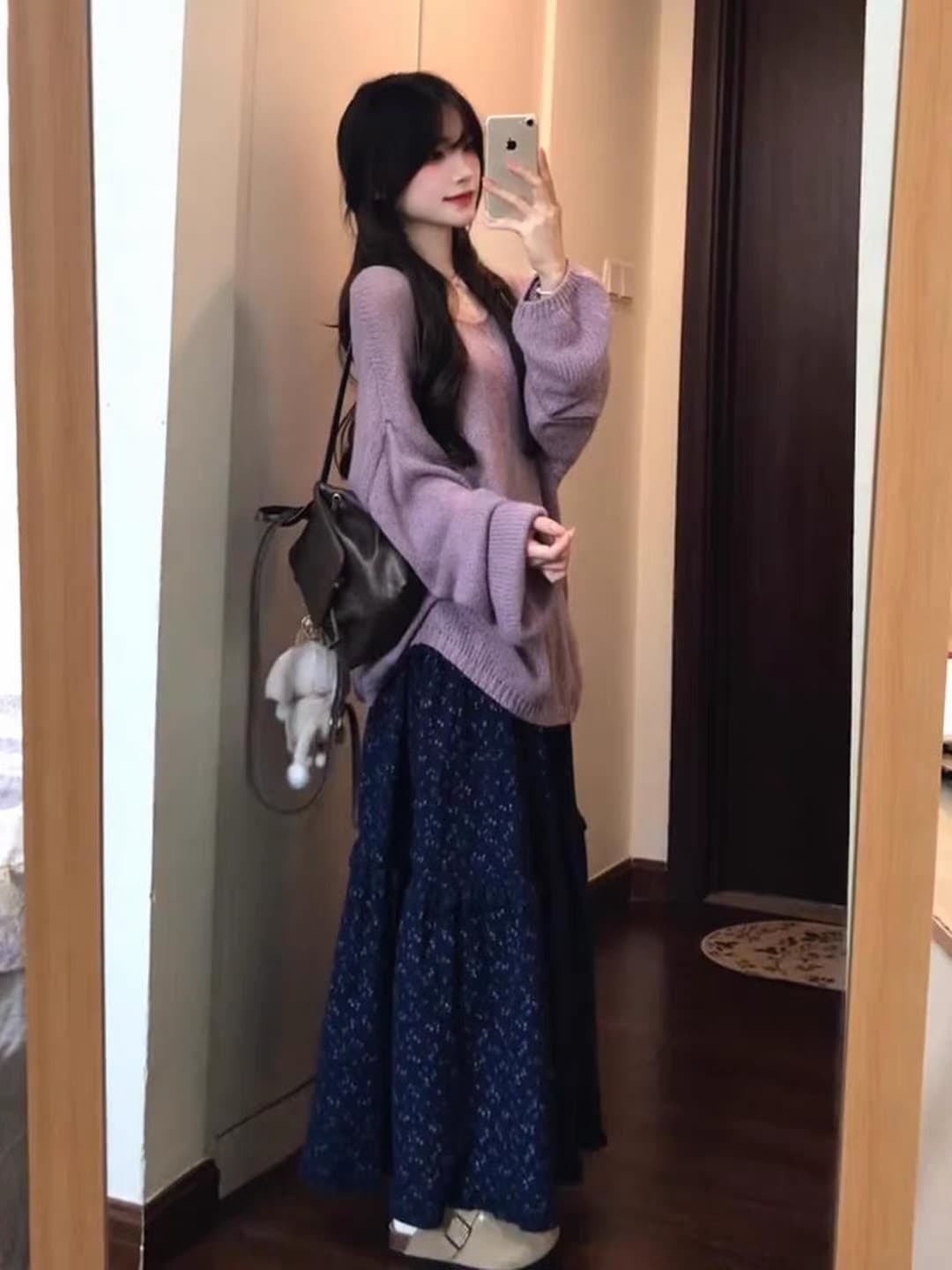 달콤함 부드러운 바람 빛 요리 한 가을 착용 가져 가라. 전체 집합 ootd 루즈핏 보라색 맨위 꽃무늬 치마 투피스 슈트 상세 이미지 4