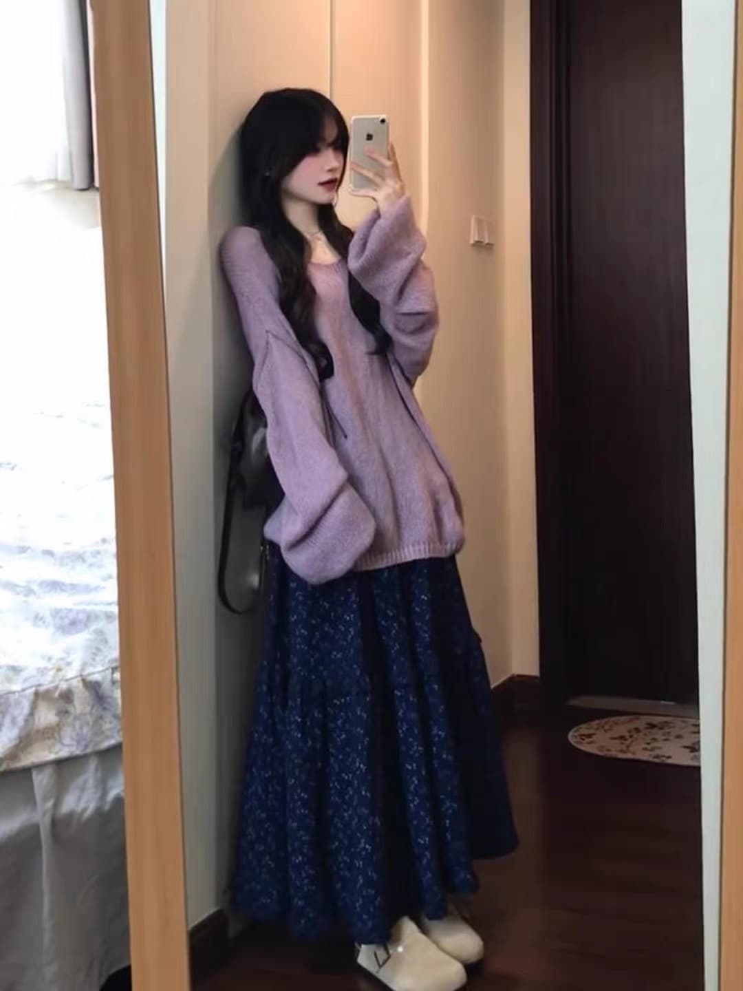 달콤함 부드러운 바람 빛 요리 한 가을 착용 가져 가라. 전체 집합 ootd 루즈핏 보라색 맨위 꽃무늬 치마 투피스 슈트 상세 이미지 5