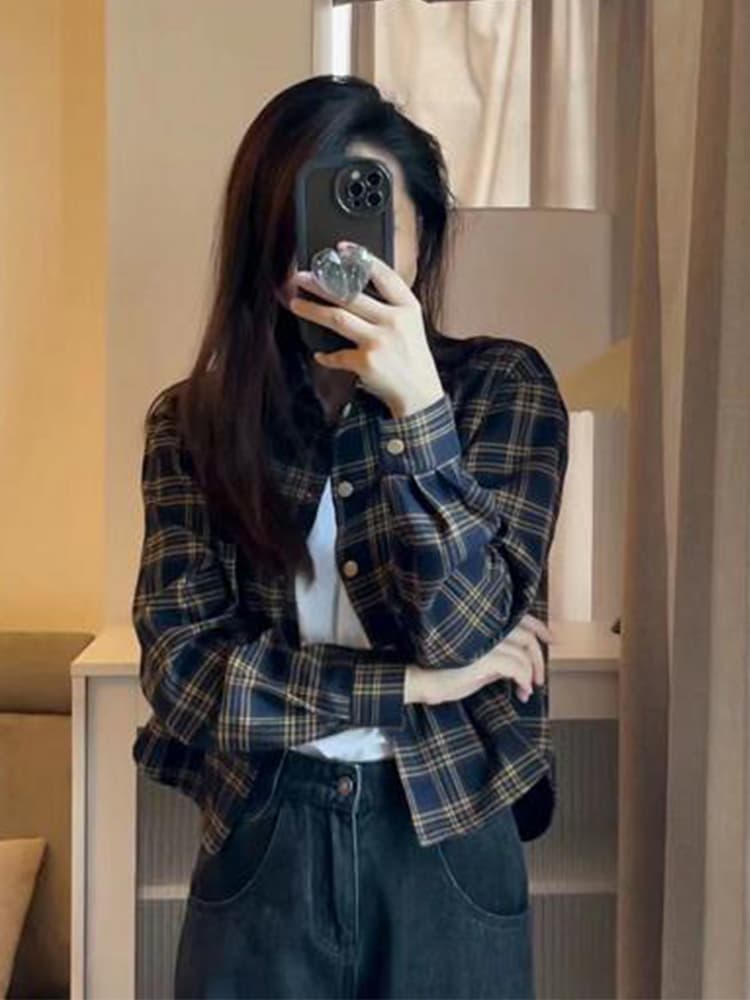 레트로 격자 무늬 셔츠 여성 짧은 재킷 봄 가을 2026 새로운 폭발 긴팔 맨위 고급 센스 셔츠 상세 이미지 1