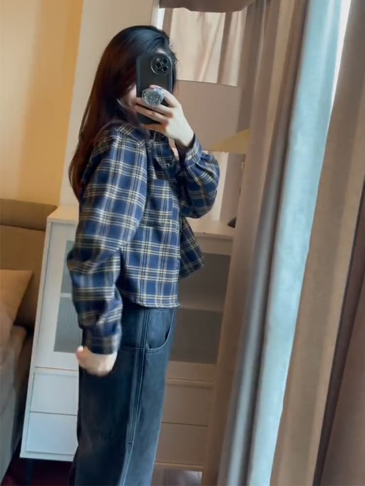 레트로 격자 무늬 셔츠 여성 짧은 재킷 봄 가을 2026 새로운 폭발 긴팔 맨위 고급 센스 셔츠 상세 이미지 5