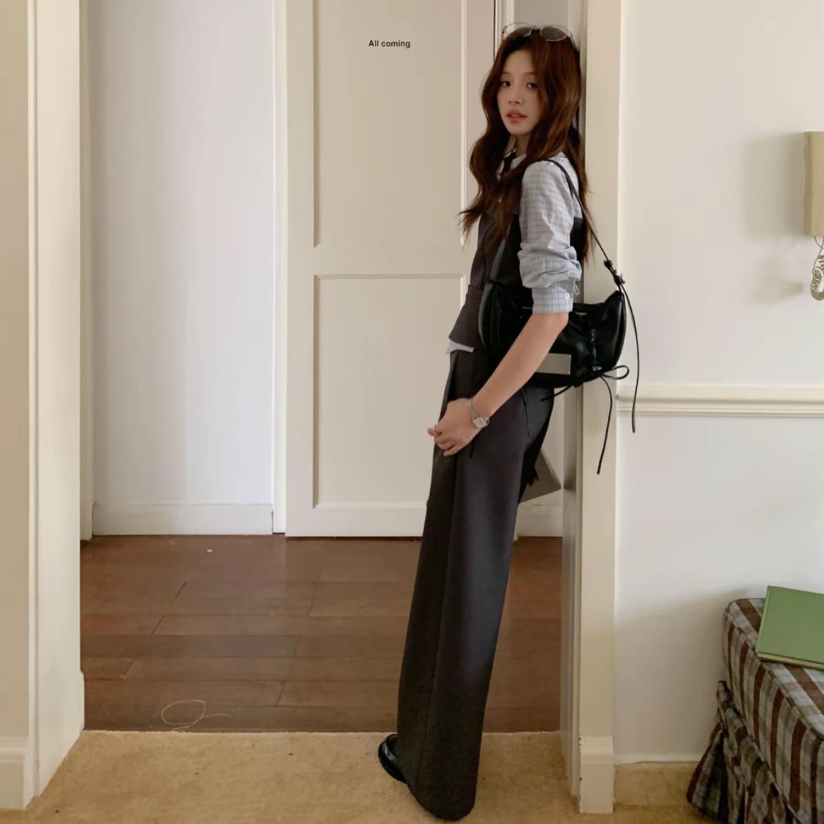 even 하나 원자바오 회색 조정 도시 페이크 레이어드 셔츠 바지 투피스 세트 배색 허리 수축 세트 이미지 4