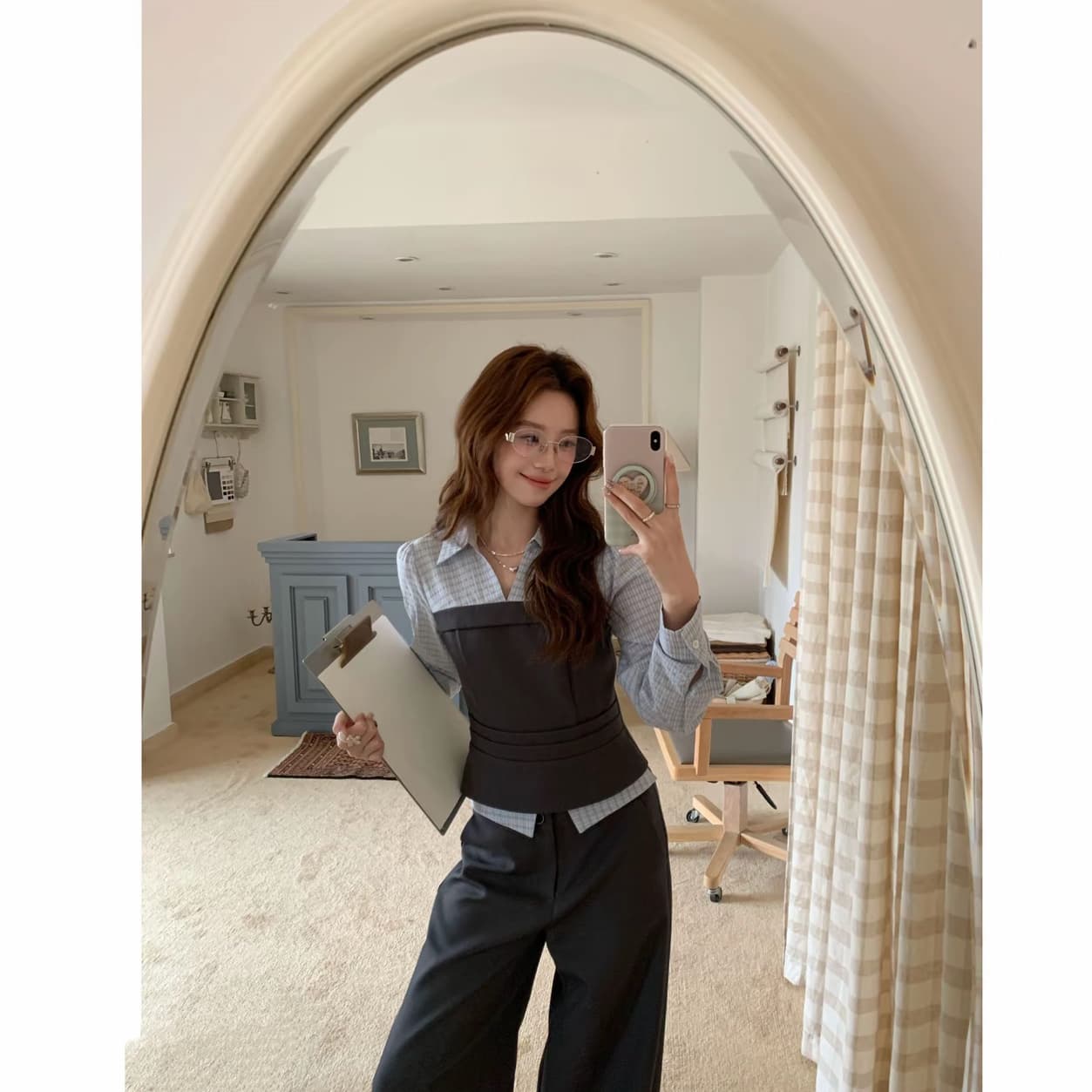 even 하나 원자바오 회색 조정 도시 페이크 레이어드 셔츠 바지 투피스 세트 배색 허리 수축 세트 이미지 5
