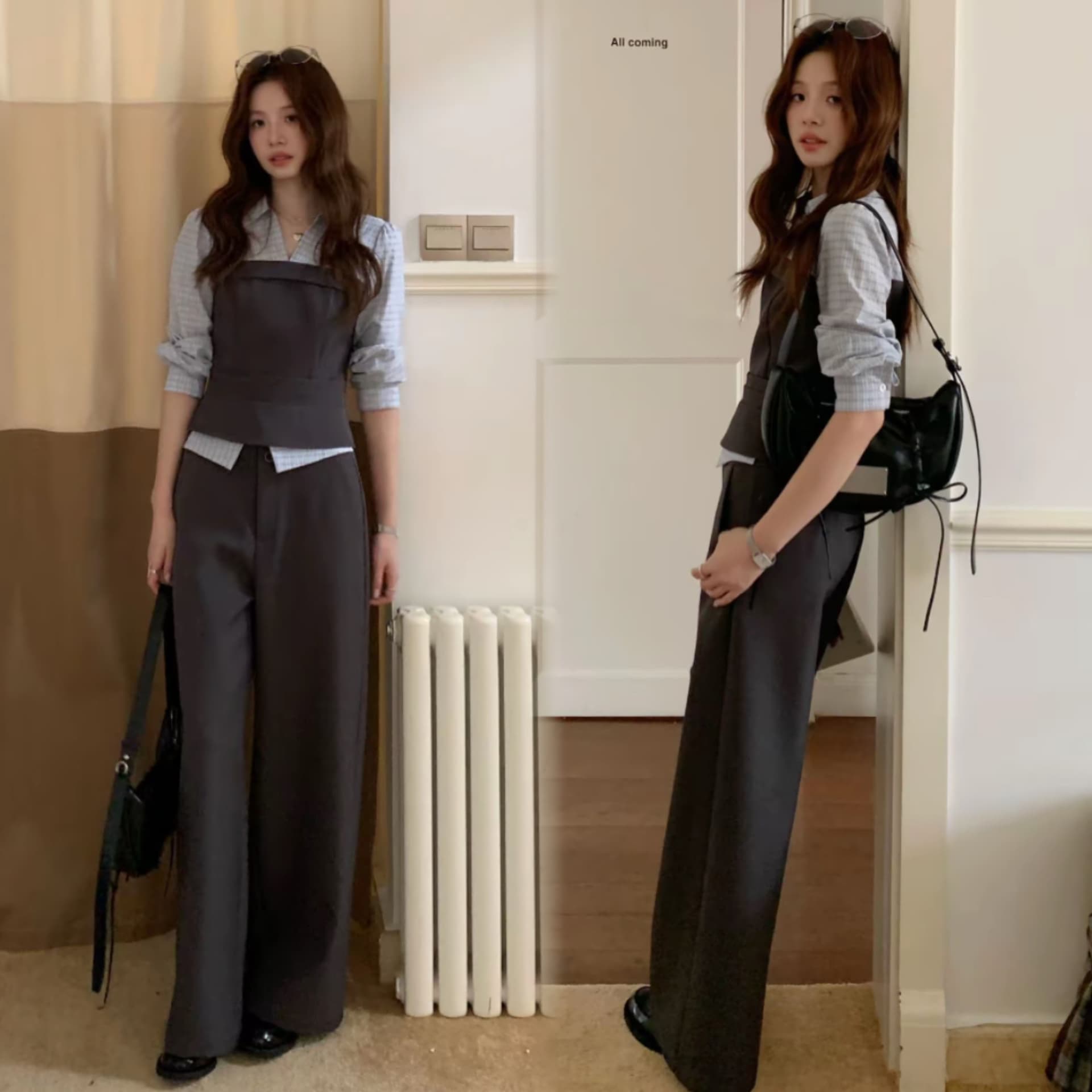 even 하나 원자바오 회색 조정 도시 페이크 레이어드 셔츠 바지 투피스 세트 배색 허리 수축 세트