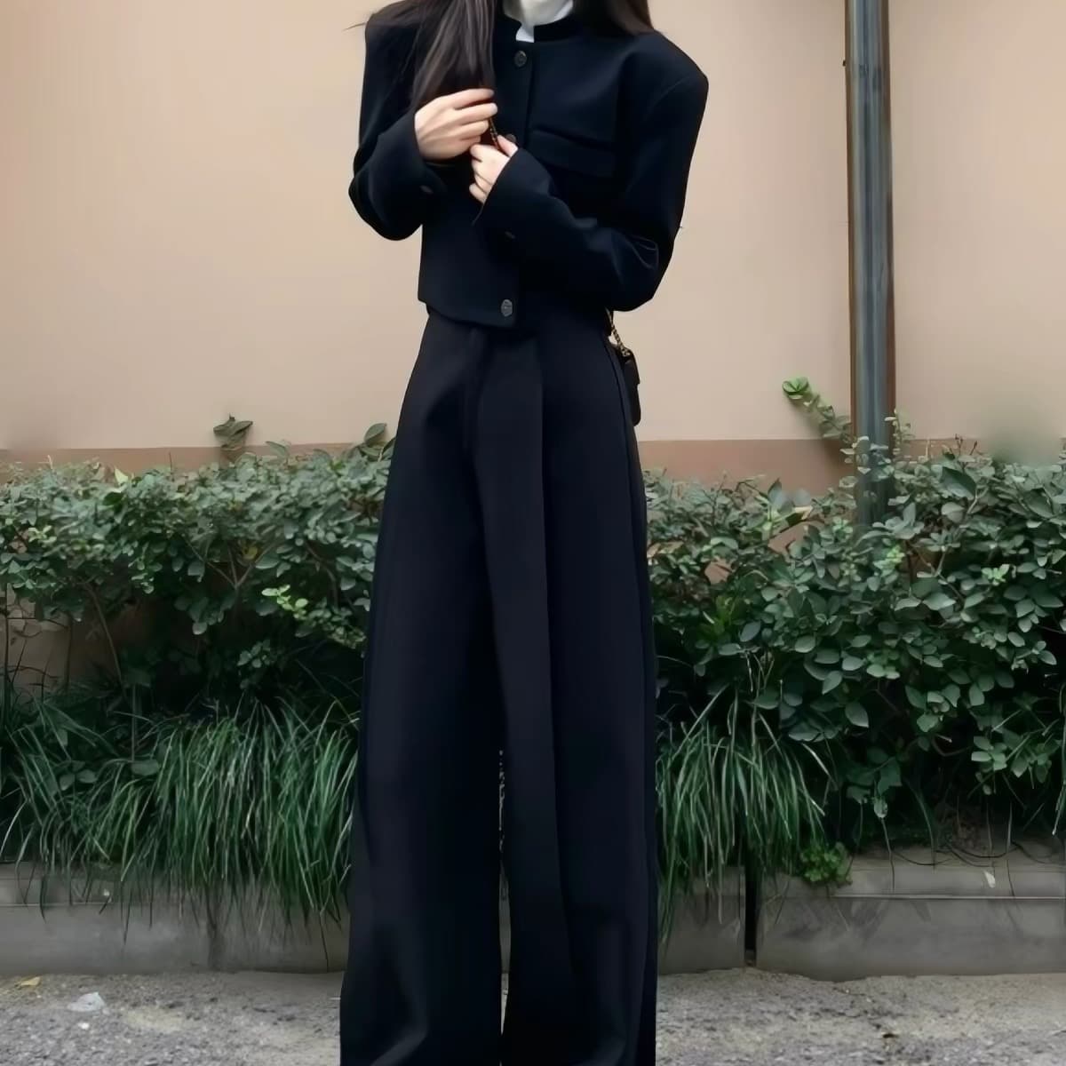 다시 a 다시 바람의 소리 세트 봄 드레스 코디 전체 집합 라운드 넥 재킷 정장 와이드 레그 팬츠 투피스 세트 외국 가스 고급 센스 이미지 5