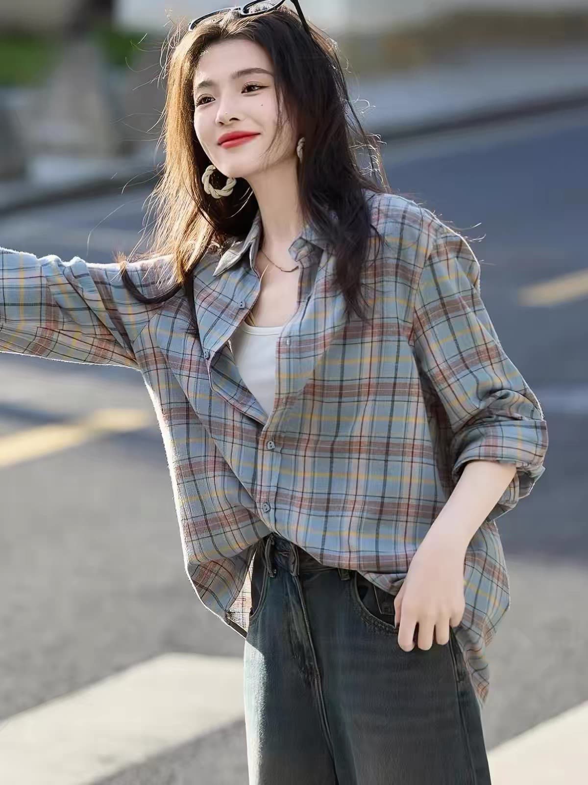 2026 가을 새로운 레트로 항구 바람 아름다움 당겨서 블루 격자 무늬 셔츠 출퇴근 편안함 작성자 맨위 재킷 이미지 4