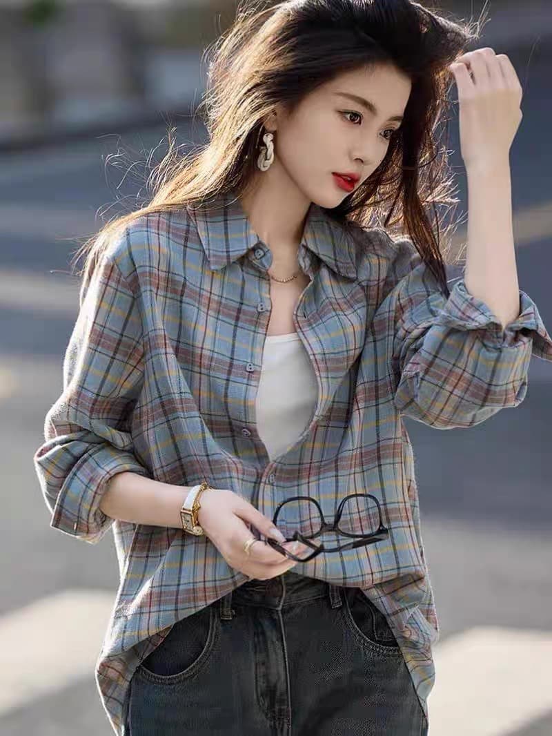 2026 가을 새로운 레트로 항구 바람 아름다움 당겨서 블루 격자 무늬 셔츠 출퇴근 편안함 작성자 맨위 재킷 상세 이미지 2