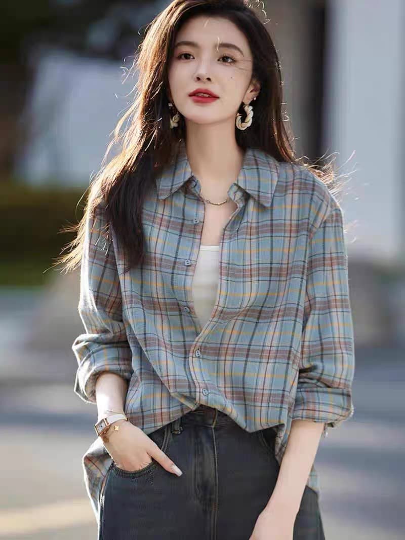 2026 가을 새로운 레트로 항구 바람 아름다움 당겨서 블루 격자 무늬 셔츠 출퇴근 편안함 작성자 맨위 재킷 상세 이미지 3