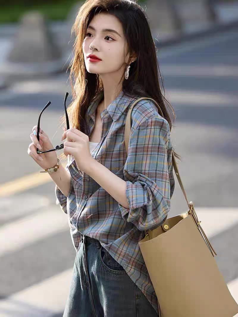 2026 가을 새로운 레트로 항구 바람 아름다움 당겨서 블루 격자 무늬 셔츠 출퇴근 편안함 작성자 맨위 재킷 상세 이미지 4