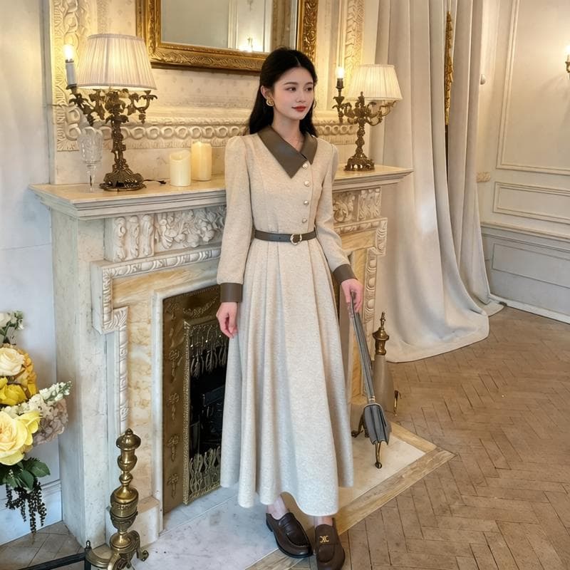 작은 여덟 여성 의류 맞춤 골드 실 탄 심장 이른 가을 착용 가져 가라. 품격 자이언트 잘 생긴 꼬집기 허리 프랑스식 긴팔 드레스 상세 이미지 4