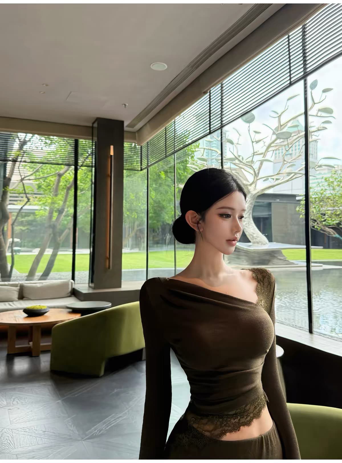jayky yang 신제품 제한된 시간 95 접기 비스듬한 칼라 레이스 조각 맨위 스트레이트 타이트 스커트 반신 치마 세트 상세 이미지 7