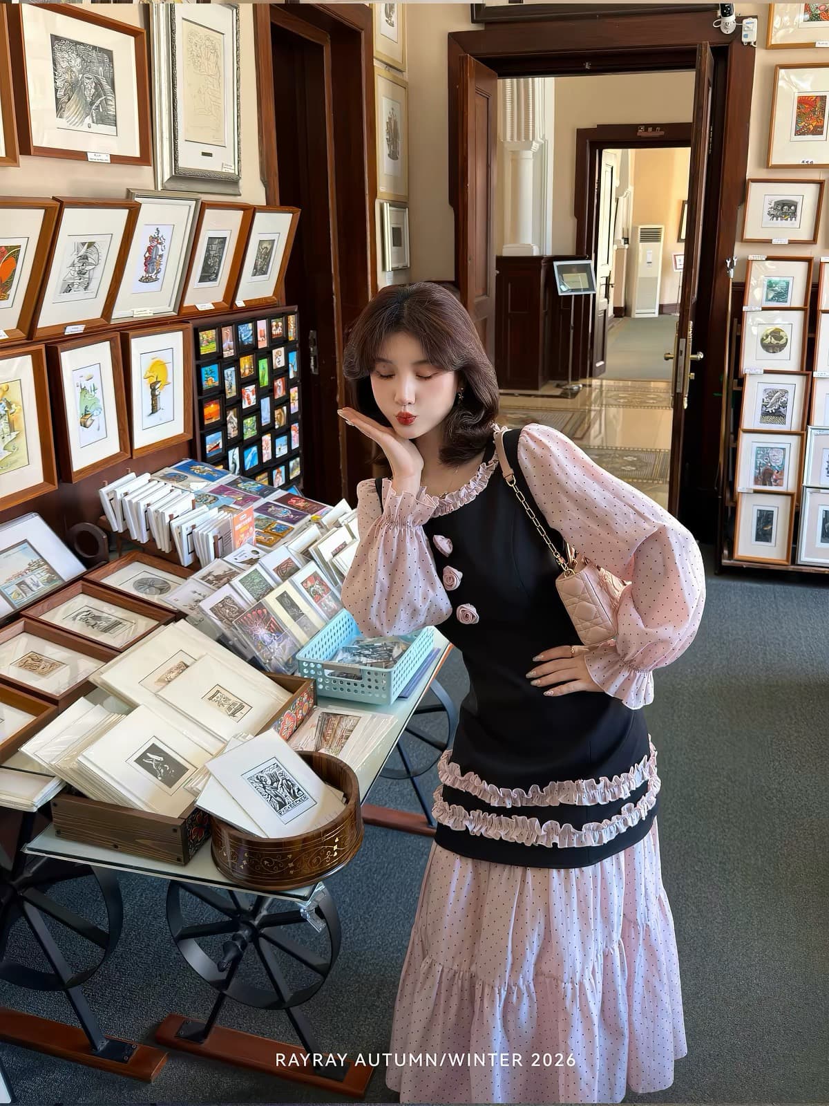 새싹 잘 생긴 라스베리 꽃 속삭임 달콤한 자매 페이크 레이어드 드레스 배색 프릴 네클라인 거품 소매 롱 스커트 이미지 3