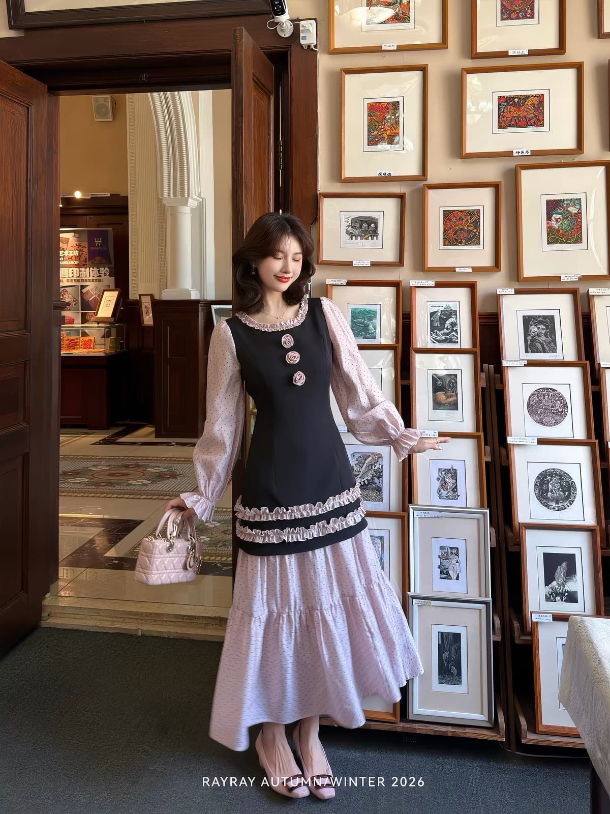 새싹 잘 생긴 라스베리 꽃 속삭임 달콤한 자매 페이크 레이어드 드레스 배색 프릴 네클라인 거품 소매 롱 스커트 이미지 2