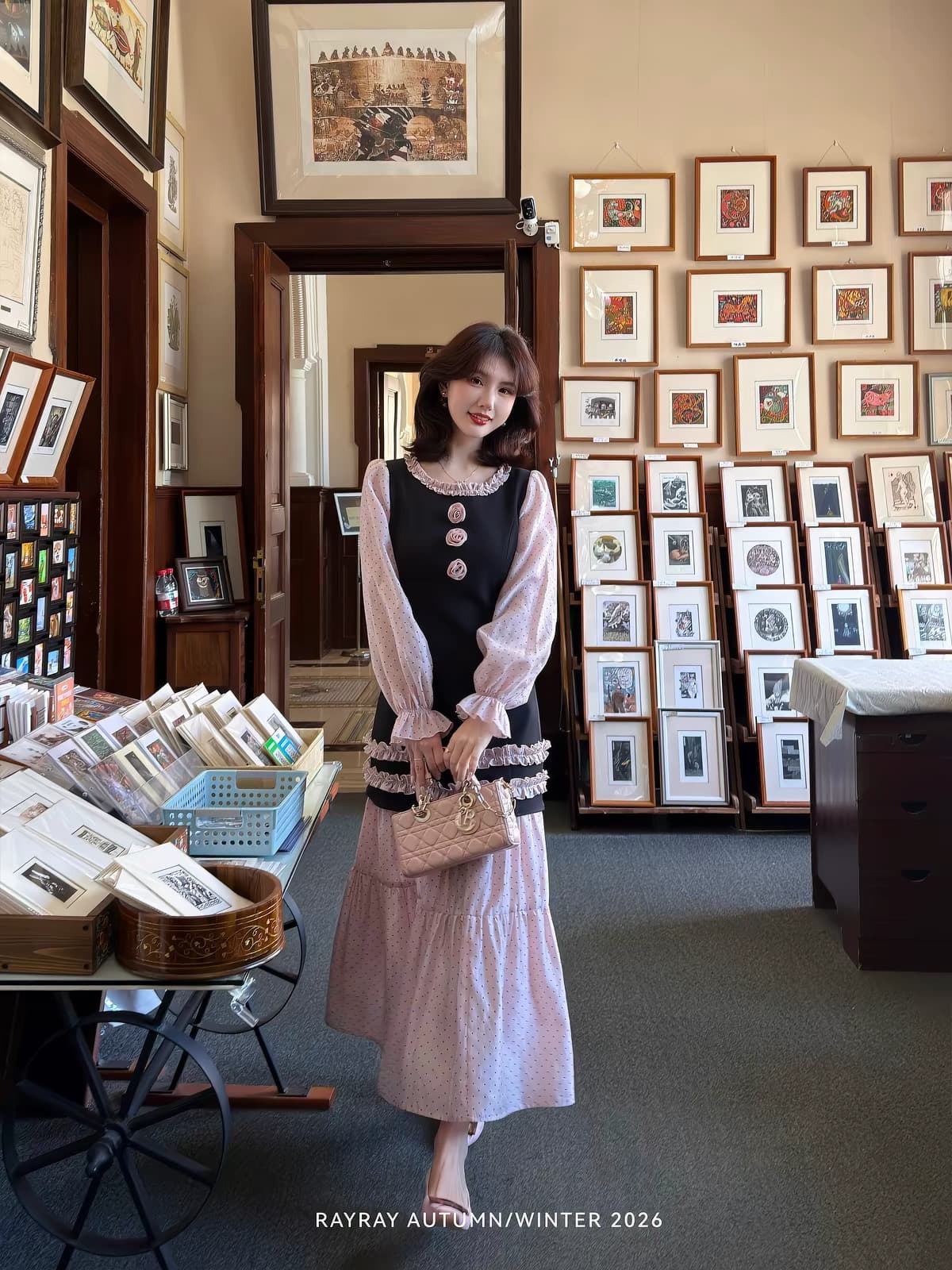 새싹 잘 생긴 라스베리 꽃 속삭임 달콤한 자매 페이크 레이어드 드레스 배색 프릴 네클라인 거품 소매 롱 스커트 상세 이미지 5