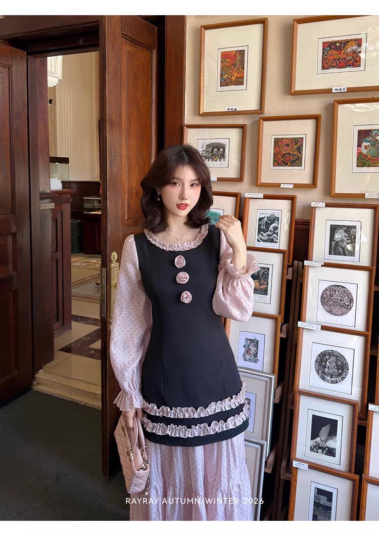 새싹 잘 생긴 라스베리 꽃 속삭임 달콤한 자매 페이크 레이어드 드레스 배색 프릴 네클라인 거품 소매 롱 스커트 상세 이미지 10