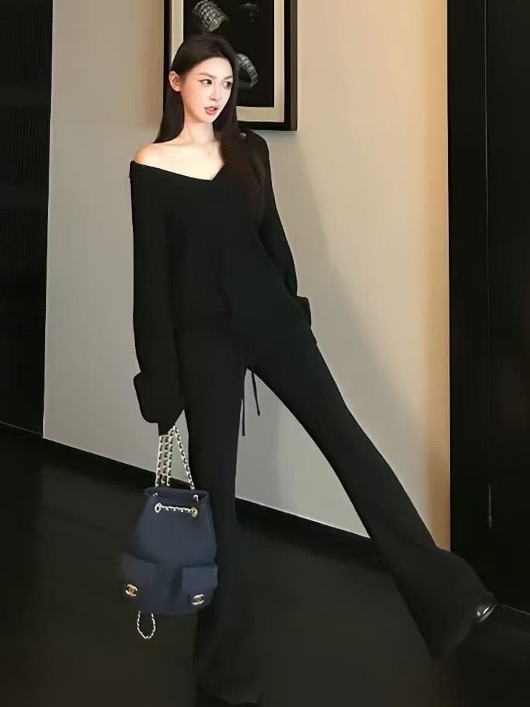 가을 겨울 새로운 느긋한 바람 단색 V넥 긴팔 니트 스웨터 맨위 루즈핏 하이웨이스트 캐주얼 바지 세트 여성