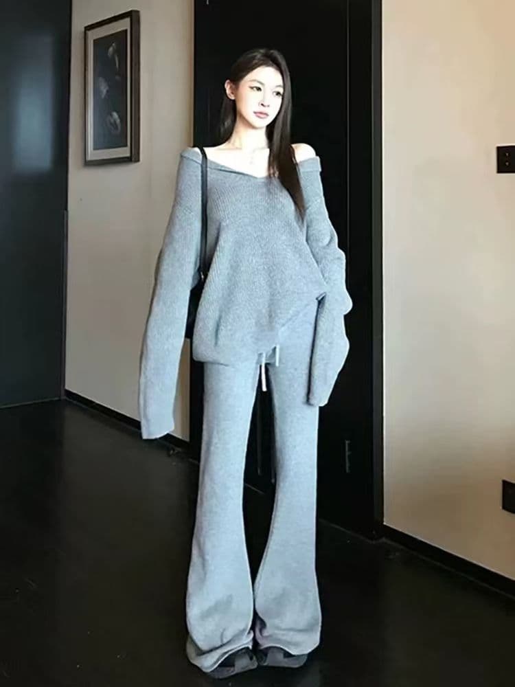가을 겨울 새로운 느긋한 바람 단색 V넥 긴팔 니트 스웨터 맨위 루즈핏 하이웨이스트 캐주얼 바지 세트 여성 상세 이미지 1