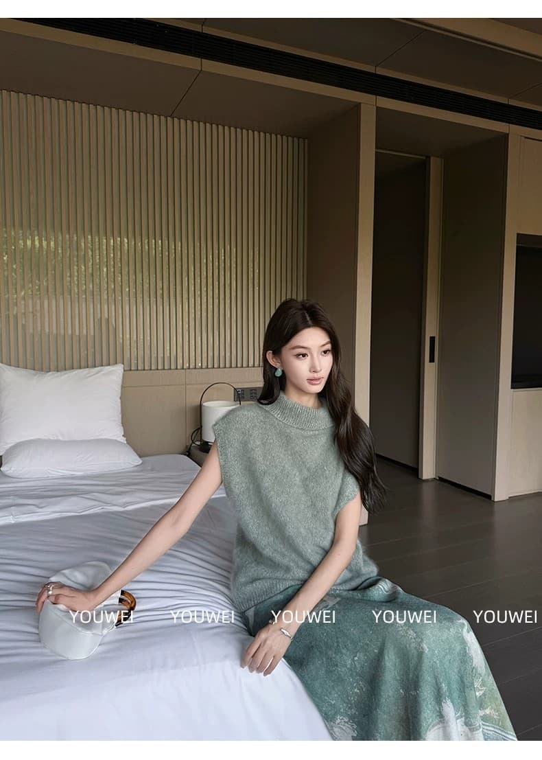 있음 후안 youwe 녹색 구슬 루이 크레인 화이트 니트 스웨터 맨위 여자 2026 새로운 반신 치마 세트 가을 상세 이미지 20